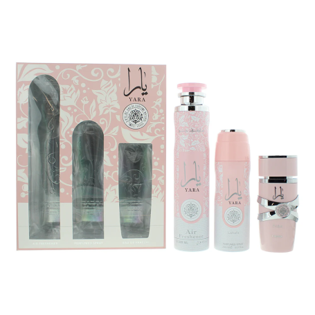 Coffret cadeau 3 pièces Lattafa Yara : Eau de parfum 100 ml - Déodorant 200 ml - Désodorisant 300 ml