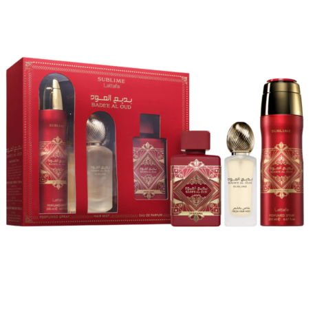 Coffret cadeau 3 pièces Lattafa Badee Al Oud Sublime : Eau de parfum 100 ml - Déodorant 200 ml - Brume Parfumé Cheveux 50 ml