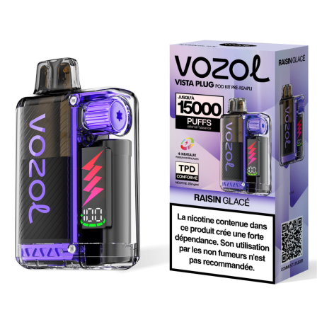 Rechargeable Vapoteuse Type-C 650mAh - Vozol Vista Plug - 15000 puffs 2% Nicotine 10+2ml - Iced grapes