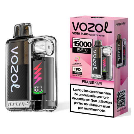 Rechargeable Vapoteuse Type-C 650mAh - Vozol Vista Plug - 15000 puffs 2% Nicotine 10+2ml - Strawberry Kiwi