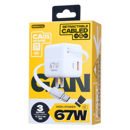 Chargeur GaN avec Câble Télescopique USB-C 67W REMAX CA01(ACC67W) - EU - Blanc