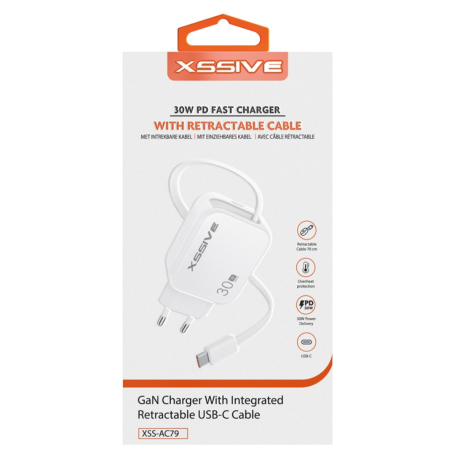 XSSIVE 30W Fast Charger with Retractable USB-C Cable XSS-AC79 – White