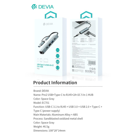 HUB Type-C 5 en 1 DEVIA USB*2 + PD 3.0 + RJ45