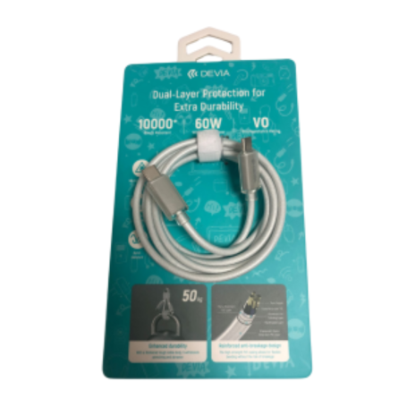 Câble Type-C / Type-C  Nylon tressé à Recharge Rapide - Devia Extra Durability - PD 60W 3A 1.5M - Blanc