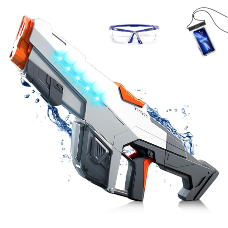 Powerful Electric Water Gun 1000ml - With Light Effects + Waterproof Bag + Safety Glasses - Grey White