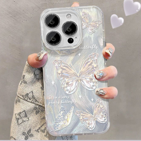 Glittery Soft Case for iPhone - Silver Butterflies on Gradient Background with Silver Feather Effect