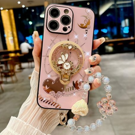 Magnetic Protective Case for iPhone Decorative Stand Beaded Bracelet - Elegant Pink Style