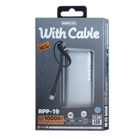 Batterie Externe, Chargeur Portable - Power Bank à Charge Rapide 20W+22.5W Type-C avec Câble 10000mAh RPP-19 REMAX - Gris, prix