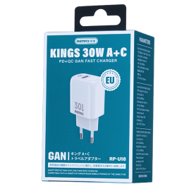 Charger, Power Adapter - REMAX Kings Series RP-U18 EU 30W A+C Charger Socket - White, wholesale price