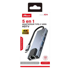 Adaptateur Multifonction 5-en-1 Type-C vers LAN / HDTV / USB 3.0 / Type-C - FASR AD4 Accessoire Connectique, Hub USB - Adaptateur Multifonction 5-en-1 Type-C vers LAN / HDTV / USB 3.0 / Type-C - FASR AD4, prix de