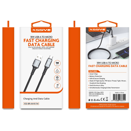 Charging Cable, Power Cord - Braided USB-A/Micro 18W 1M Charging Cable XSSIVE XSS-BR-AM-B 1M - Black, wholesale price