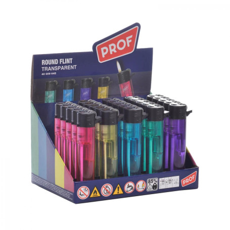 Briquets, Allumettes - 50 Briquet à pierre rond rechargeable transparent PROF 40009645 - 25 Pcs, prix de gros.