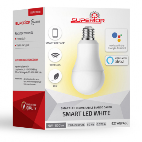 Lighting, Bulb - Smart Dimmable Warm White LED Bulb E27 10W - Compatible with Smart Life®, Alexa and Google - Superior SUPiLW001