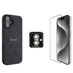 Phone Accessories - GUESS Protective 3-in-1 Bundle for iPhone – MagSafe Case, Tempered Glass, and Camera Lens Protector – Black,