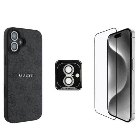 Coque iPhone, MagSafe, Protection – GUESS Bundle Protective 3-en-1 pour iPhone – Coque MagSafe, Verre trempé et Protection Objec