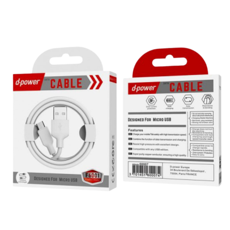 Connector, Charging Cord - USB / Micro-USB Cable - D-power F6001 - 1M White, wholesale price