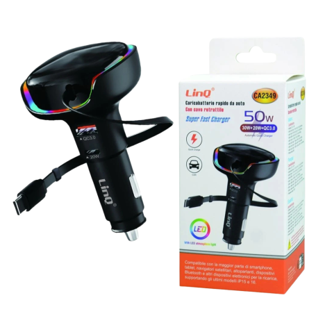Chargeur, Adaptateur - Chargeur Voiture Type-C 20W + USB QC 3.0 avec Câble Type-C 30w Noir - LinQ CA2349, prix de gros.