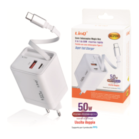 Adapter, Power Supply - Charger with Type-C Telescopic Cable PD 35W + QC 3.0 - LinQ AC2593 Fast Charger, wholesale price