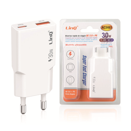 Chargeur, Bloc d'alimentation - Adaptateur Secteur double PD 30W + QC 3.0 - Chargeur Rapide LinQ AC3463, prix de gros.