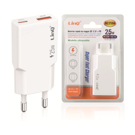 Chargeur USB, Alimentation - Adaptateur Secteur double PD 25W + QC 3.0 - Chargeur Rapide LinQ AC2594, prix de gros.