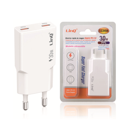 Chargeur USB-C, Bloc d'alimentation - Adaptateur Secteur 2 ports USB-C PD 30W - Chargeur Rapide LinQ CC3456, prix de gros.