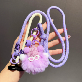Accessoire, Cordon, Lanière - Collier Téléphone Cordon Long Tressé Bicolore Violet/Beige avec Peluche Monstre Kawaii, prix de gr