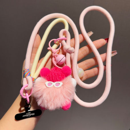 Accessoire Téléphone - Collier Téléphone Cordon Long Tressé Bicolore Rose/Beige avec Peluche Monstre Kawaii, prix de gros.