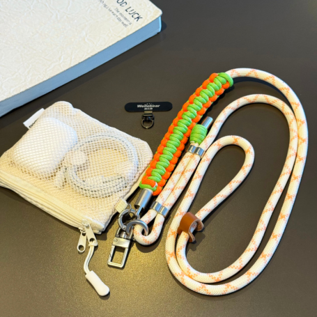 Lanière, Sangle, Cordon - Collier Téléphone Cordon Long Tressé Bicolore Orange avec Mini Pochette, prix de gros.