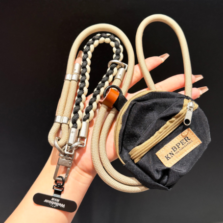 Étui, Lanière - Collier Téléphone Cordon Long Tressé Bicolore Marron avec Mini Pochette, prix de gros.