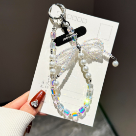 Dragonne, Cordons - Lanière de Téléphone Portable Transparente avec Nœud Papillon Perles et Cristaux - Blanc, prix de gros.