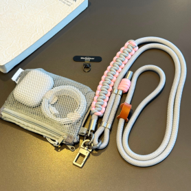 Accessoire Mobile, Lanière de Portable - Collier Téléphone Cordon Long Tressé Bicolore Gris/Rose avec Mini Pochette, prix de gro