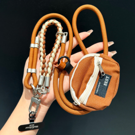 Accessoire, Lanière - Collier Téléphone Cordon Long Tressé Bicolore Marron/Beige avec Mini Pochette, prix de gros.