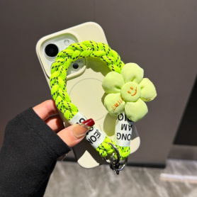 Dragonne, Sangle - Lanière de Téléphone Portable Courte Tressée Vert Néon avec Décoration Fleur Smiley, prix de gros.