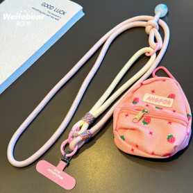 Support Téléphone, Lanière, Bandoulière - Collier Téléphone Cordon Long Tressé Bicolore Rose Poudré/Beige avec Mini Pochette et
