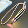 Support Téléphone, Lanière, Bandoulière - Collier Téléphone Cordon Long Tressé Bicolore Rose Poudré/Beige avec Mini Pochette et