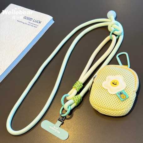 Phone Strap, Lanyard - Phone Necklace Long Braided Two-tone Mint Green/Beige with Mini Pouch and Pearl - 115cm, wholesale price