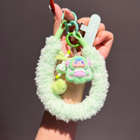 Wristband, Bracelet - Plush Green Wrist Phone Strap with Doll Keychain and Pom Pom, wholesale price