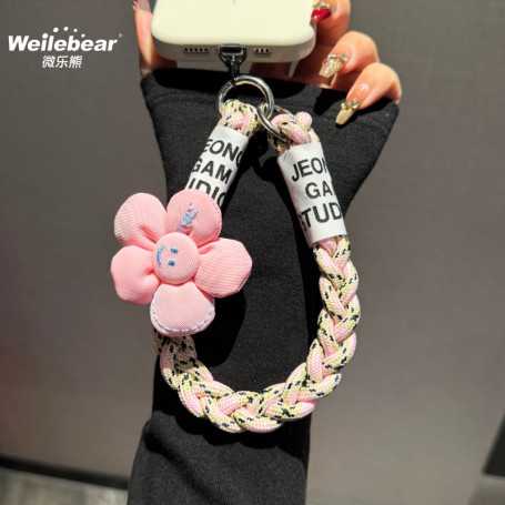 Phone Strap, Lanyard - copy of Short Braided Purple Phone Lanyard with Flower Smiley Decoration, wholesale price