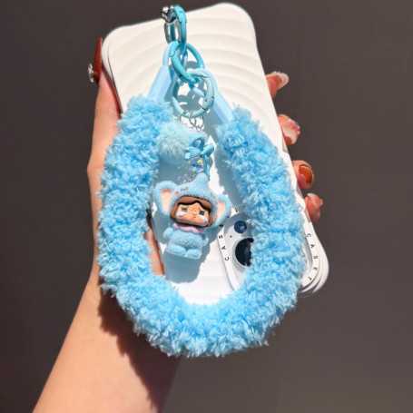 Phone Accessory, Wristband - Plush Blue Phone Wrist Strap with Doll Keychain and Pom Pom, wholesale price