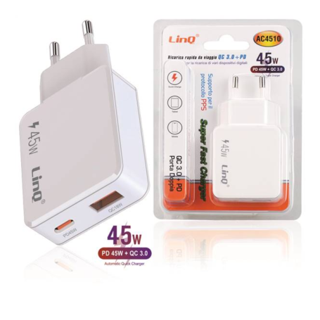 Adaptateur, Chargeur - Chargeur Secteur USB-C + USB 45W Chargeur Rapide LinQ AC4510, prix de gros.