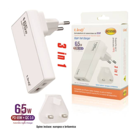 Adaptateur, Bloc d'alimentation - Chargeur Secteur USB-C + USB 65W avec Prise Anglaise Chargeur Rapide LinQ AC6568, prix de gros