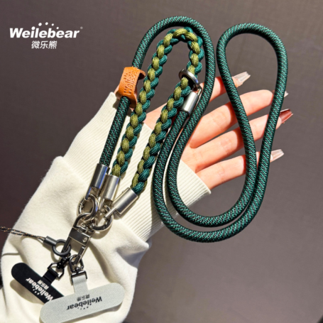 Necklace, Lanyard - Braided Bicolor Long Phone Cord Necklace with Leather Details, wholesale price