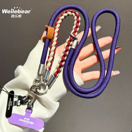 Necklace, Lanyard - Braided Bicolor Long Phone Cord Necklace with Leather Details, wholesale price