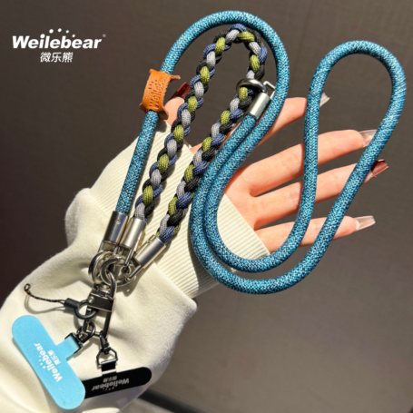 Necklace, Lanyard - Braided Bicolor Long Phone Cord Necklace with Leather Details, wholesale price