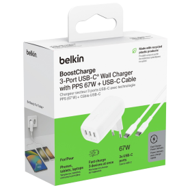 Chargeur USB-C, Câble haute puissance - Adaptateur Secteur / Câble USB-C / USB-C - 3 USB-C BELKIN 67W - WCC002vf2MWH-B6, prix de