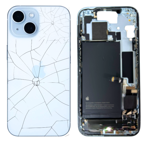 Châssis, Coque - Chassis Complet iPhone 15 Bleu Sans Connecteur de Charge avec Batterie(Origine Demonté) - Cassé, prix de gros.