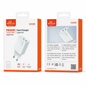 Adaptateur Secteur, Bloc d'Alimentation - Chargeur Rapide Duo USB-C 20W Ellietech CD329 - Blanc, prix de gros.