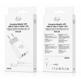 Chargeur USB, Adaptateur Secteur - Kit Chargeur 2USB avec Câble USB-C 5V/2.4A 1M Ellietech CD316 - Blanc, prix de gros.