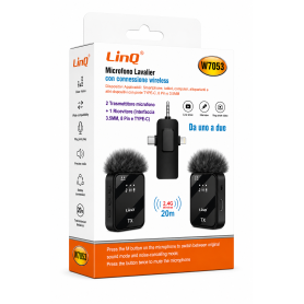 Microphone, Micro sans Fil - Microphone Cravate Sans Fil LinQ W7053 – Double Émetteur + Récepteur USB-C / Lightning / Jack 3.5 m