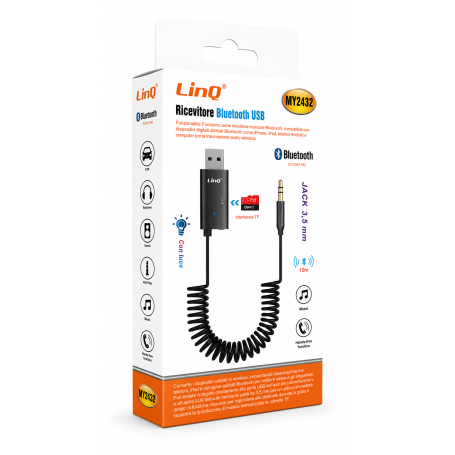 Adaptateur Audio, Transmetteur Sans Fil - Récepteur Bluetooth USB / Jack 3.5 mm LinQ MY2432 - Lecteur Carte TF - Fonction Mains 